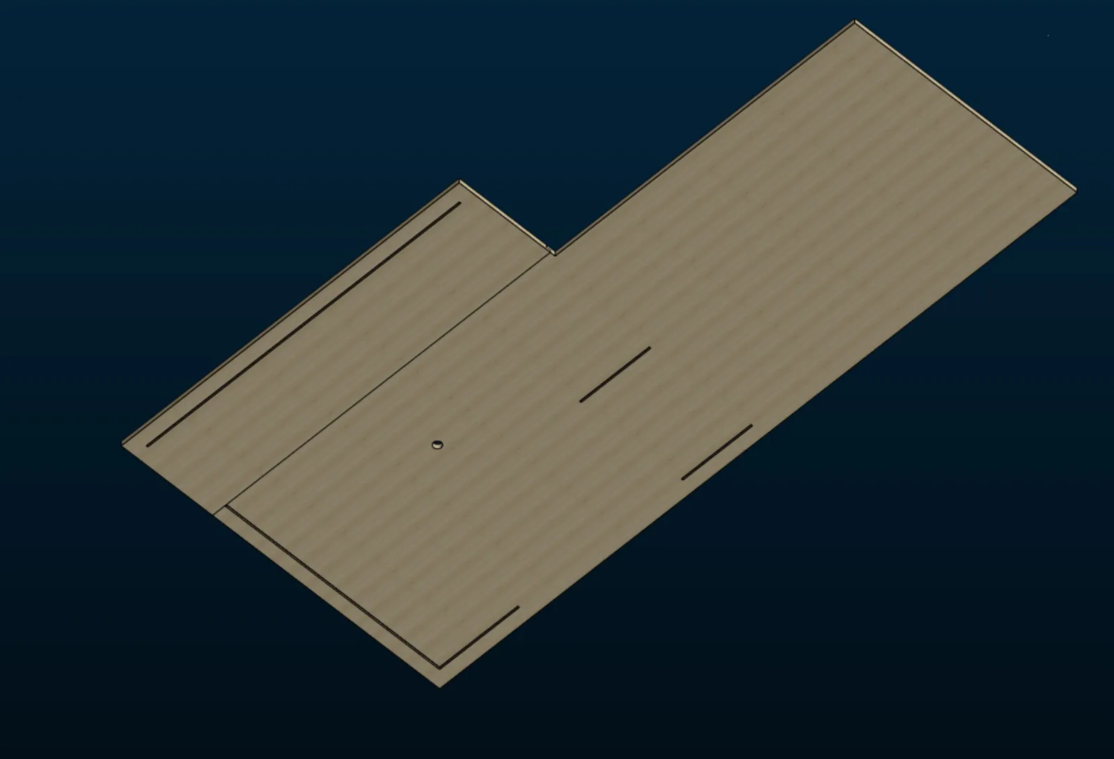 Näkyvän CLT-katon levyjako, kapeat valaisinurat ja pyöreä valaisinaukko rakennemallissa