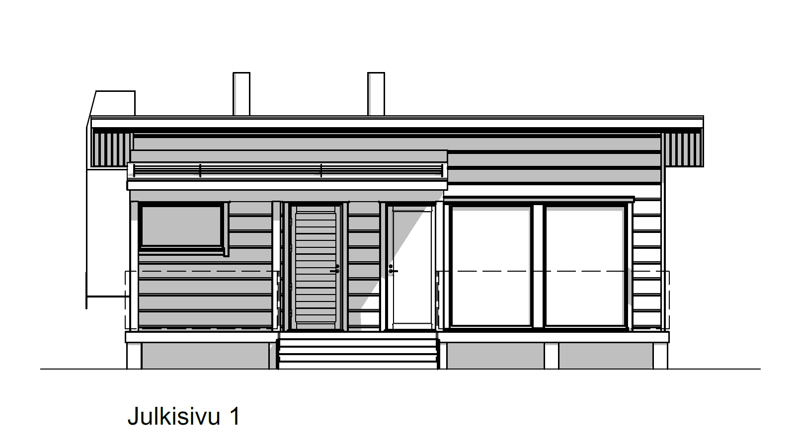 Julkisivu 1 — saunan etupuoli ikkunoineen ja ovineen