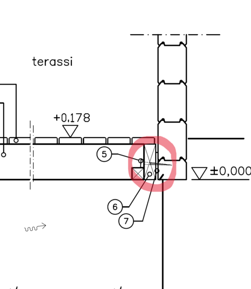 Terassin ruuviliitos hirsiseinään — punaisella ympyröity kansiruuvi 6.0x120 jossa reunaetäisyys hirren ponttiin ei täyty.